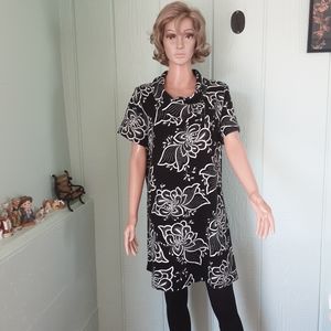 North Style #420 Women's Sz L Cowl Neck Dress Knit Black and Cream Short Sleeve